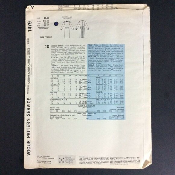 Vogue 1479 Sewing Pattern Albert Nipon Dress Size 10 American Designer 80s Uncut - Picture 2 of 4